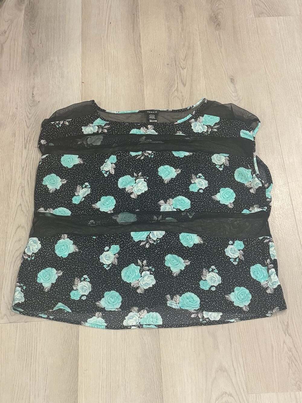 Torrid Mesh Floral Top Size 1 Black Teal Roses